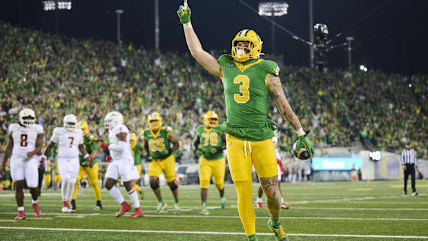 Nov 9, 2024; Eugene, Oregon, USA; Oregon Ducks tight end Terrance Ferguson (3) celebrates after catching a touchdown pass dur
