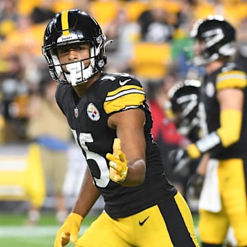 Aug 13, 2022; Pittsburgh, Pennsylvania, USA;  Pittsburgh Steelers wide receiver Cody White (15) at the line of scrimmage against the Seattle Seahawks during the fourth quarter at Acrisure Stadium. Mandatory Credit: Philip G. Pavely-Imagn Images