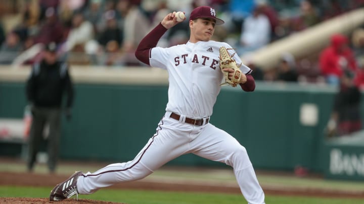 Mississippi State's J.T. Ginn (3) releases a pitch in the third inning. Mississippi State played Youngstown State on Saturday, February 16, 2019. Photo by Keith Warren

Msu Youngstown State J.T. Ginn