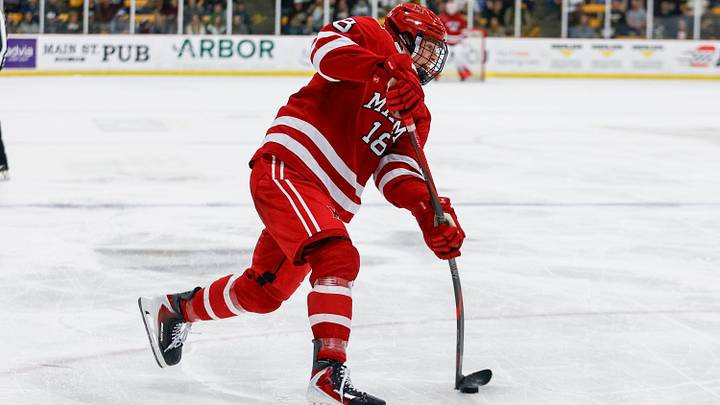 KALAMAZOO, MI - NOVEMBER 15: Miami University forward Ilia Morozov #18 shoots the puck during a game between Miami University and Western Michigan University at Lawson Ice Arena on November 15, 2025 in Kalamazoo, Michigan. (Photo by Michael Miller/ISI Photos/ISI Photos via Getty Images)
