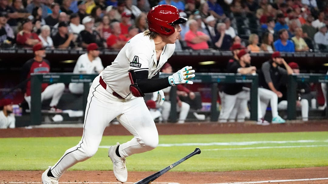 Arizona Diamondbacks Jake McCarthy gets his first hit of the season, a double against the Baltimore Orioles in the fifth inning at Chase Field in Phoenix, on April 9, 2025.