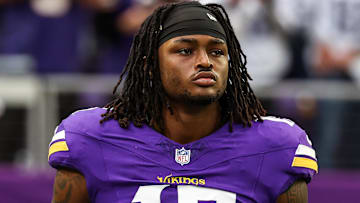 Dec 8, 2024; Minneapolis, Minnesota, USA; Minnesota Vikings linebacker Dallas Turner (15) looks on before the game against the Atlanta Falcons at U.S. Bank Stadium.