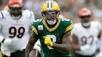 Green Bay Packers running back Josh Jacobs (8) against the Cincinnati Bengals on Sunday, October 12, 2025, at Lambeau Field in Green Bay, Wis.