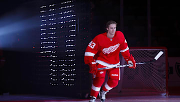 October 7, 2011; Detroit, MI, USA; Detroit Red Wings center Darren Helm (43) is introduced before the game against the Ottawa Senators at Joe Louis Arena. Mandatory Credit: Rick Osentoski-Imagn Images