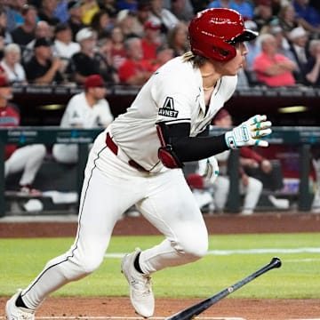 Arizona Diamondbacks Jake McCarthy gets his first hit of the season, a double against the Baltimore Orioles in the fifth inning at Chase Field in Phoenix, on April 9, 2025.