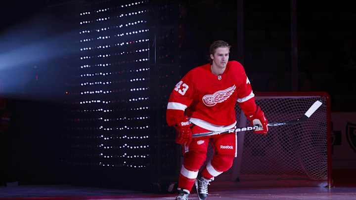 October 7, 2011; Detroit, MI, USA; Detroit Red Wings center Darren Helm (43) is introduced before the game against the Ottawa Senators at Joe Louis Arena. Mandatory Credit: Rick Osentoski-Imagn Images