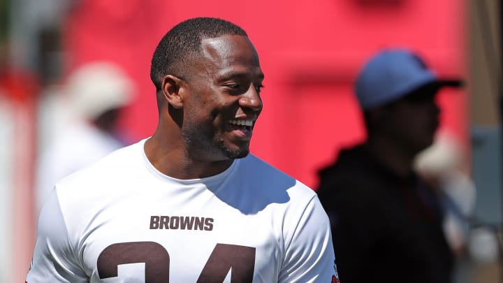 Browns running back Nick Chubb is all smiles on the sideline during minicamp, Tuesday, June 11, 2024, in Berea.