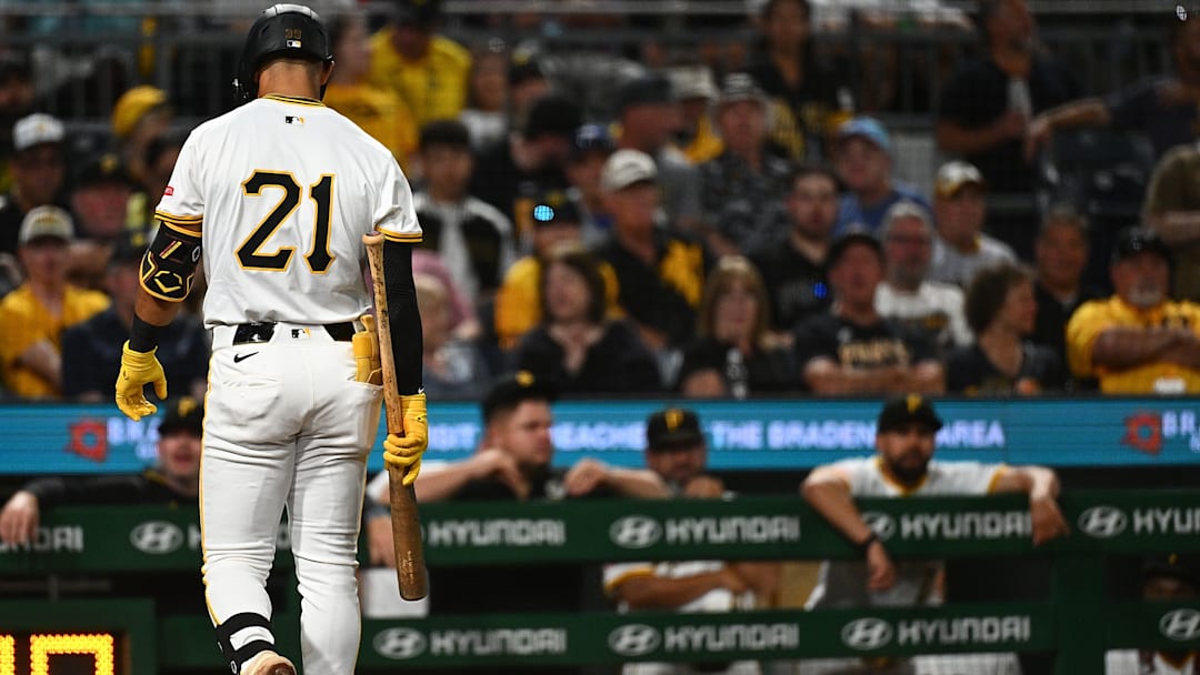 Pittsburgh Pirates infielder Nick Gonzalez walks back to the dugout after striking out against the Chicago Cubs.