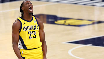 Indiana Pacers wing Aaron Nesmith (23) in the 2025 NBA Finals against the Oklahoma City Thunder.
