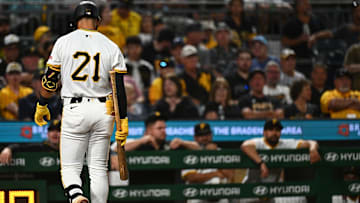 Pittsburgh Pirates infielder Nick Gonzalez walks back to the dugout after striking out against the Chicago Cubs.