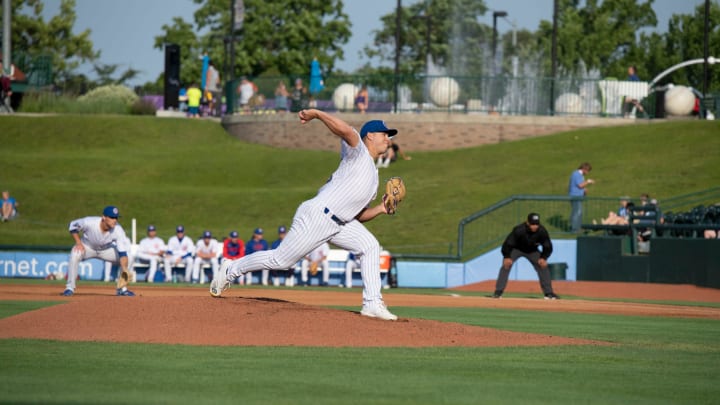 Brandon Birdsell (36) makes the first pitch during the South Bend Cubs vs. Lansing Lugnuts Minor League Baseball game at the Four Winds Field in South Bend, Indiana on June 8, 2023.