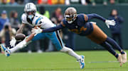 Green Bay Packers cornerback Carrington Valentine (24) breaks up a pass to Carolina Panthers wide receiver Tetairoa McMillan (4) on Sunday, November 2, 2025, at Lambeau Field in Green Bay, Wis. Carolina defeated Grewen Bay 16-13.
Wm. Glasheen USA TODAY NETWORK-Wisconsin