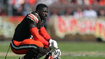 Cleveland Browns linebacker Jeremiah Owusu-Koramoah (6) rests in between plays during the first half of an NFL football game at Huntington Bank Field, Sunday, Oct. 20, 2024, in Cleveland, Ohio.