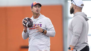 Clemson head coach Dabo Swinney talks with Clemson linebackers coach Ben Boulware during Spring Practice in Clemson, S.C. Monday, March 24, 2025.