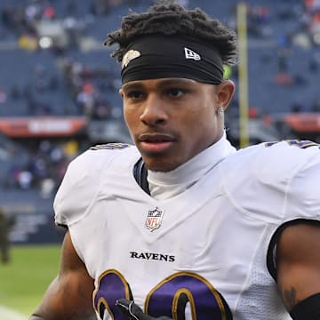 Nov 21, 2021; Chicago, Illinois, USA; Baltimore Ravens safety Ar'Darius Washington (29) leaves the field after the game against the Chicago Bears at Soldier Field. Mandatory Credit: Quinn Harris-Imagn Images