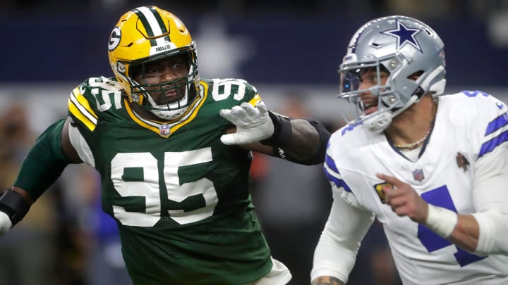 Green Bay Packers defensive tackle Devonte Wyatt (95) rushes Dallas Cowboys quarterback Dak Prescott (4) during the fourth quarter of their wild card playoff game Sunday, January 14, 2024 at AT&T Stadium in Arlington, Texas. Green Bay defeated Dallas 48-32.

Wm. Glasheen USA TODAY NETWORK-Wisconsin