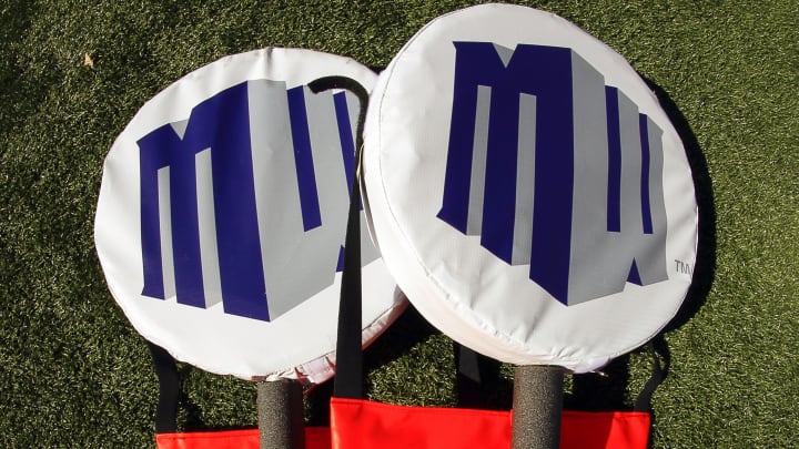 Sep 10, 2016; Colorado Springs, CO, USA; The Mountain West conference logo on the yardage chains is seen prior to a game between the Air Force Falcons and Georgia State Panthers at Falcon Stadium. The Falcons won 48-14. Mandatory Credit: Ray Carlin-USA TODAY Sports