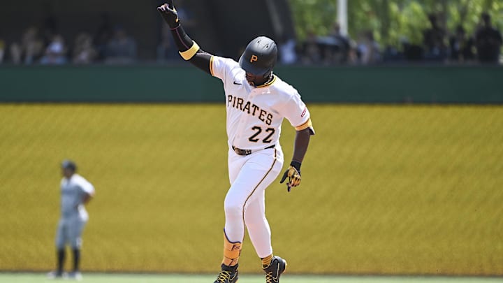 Jun 11, 2025; Pittsburgh, Pennsylvania, USA; Pittsburgh Pirates designated hitter Andrew McCutchen (22) rounds the bases after hitting a home run against the Miami Marlins during the fifth inning at PNC Park. The home run was his 241st and putting him ahead of Roberto Clemente on the Pirates all-time home run lsist with 241. Mandatory Credit: Philip G. Pavely-Imagn Images Jun 11, 2025; Pittsburgh, Pennsylvania, USA; Pittsburgh Pirates designated hitter Andrew McCutchen (22) rounds the bases after hitting a home run against the Miami Marlins during the fifth inning at PNC Park. The home run was his 241st and putting him ahead of Roberto Clemente on the Pirates all-time home run lsist with 241. Mandatory Credit: Philip G. Pavely-Imagn Images