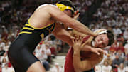 Iowa State Cyclones Yonger Bastida and Missouri Tigers' Zach Elam wrestle during their 285-pound wrestling in the Big-12-conference showdown at Hilton Coliseum on Sunday, Feb. 25, 2024, in Ames, Iowa