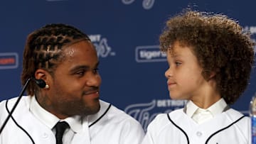 Jan 26, 2012; Detroit, MI, USA;  Detroit Tigers new player Prince Fielder (left) and his son Jadyn Fielder (right) at a press conference in the Tiger Club at Comerica Park.  Mandatory Credit: Rick Osentoski-Imagn Images