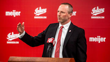 Indiana basketball coach Darian DeVries speaks at his introductory press conference at Simon Skjodt Assembly Hall on Wednesday, March 19, 2025.