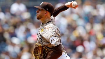 May 26, 2024; San Diego, California, USA; San Diego Padres starting pitcher Joe Musgrove (44) throws a pitch in the first inning against the New York Yankees at Petco Park. Mandatory Credit: David Frerker-USA TODAY Sports