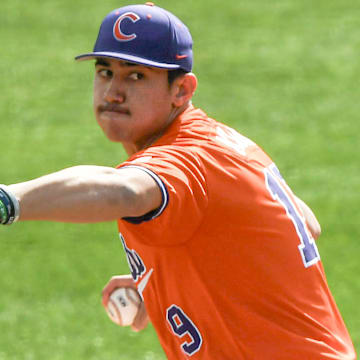 Clemson pitcher Aidan Knaak (19) pitches to Notre Dame during the top of the first inning at Doug Kingsmore Stadum in Clemson, S.C. Friday, March 14, 2025.