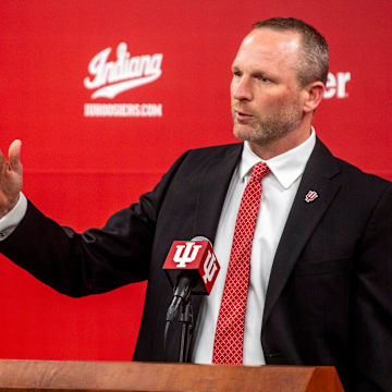 Indiana basketball coach Darian DeVries speaks at his introductory press conference at Simon Skjodt Assembly Hall on Wednesday, March 19, 2025.