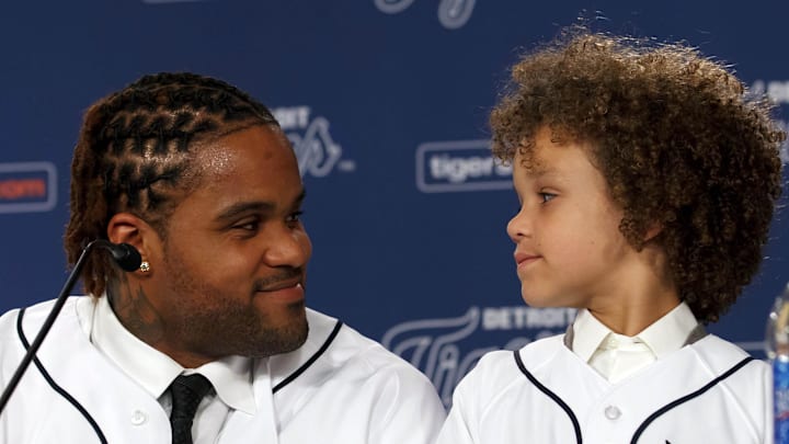 Jan 26, 2012; Detroit, MI, USA;  Detroit Tigers new player Prince Fielder (left) and his son Jadyn Fielder (right) at a press conference in the Tiger Club at Comerica Park.  Mandatory Credit: Rick Osentoski-Imagn Images