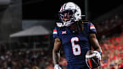 Aug 30, 2025; Tucson, Arizona, USA; Arizona Wildcats wide receiver Javin Whatley (6) reacts after running the ball right up to the edge of the end zone during the second quarter of the game against the Hawaii Rainbow Warriors at Arizona Stadium. Mandatory Credit: Aryanna Frank-Imagn Images