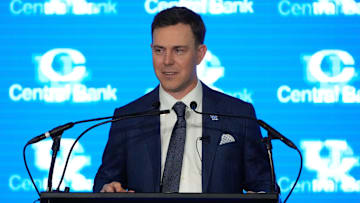 New Kentucky Wildcat head coach Will Stein makes remarks as he is introduced at Kentucky on Wednesday, December 3, 2025