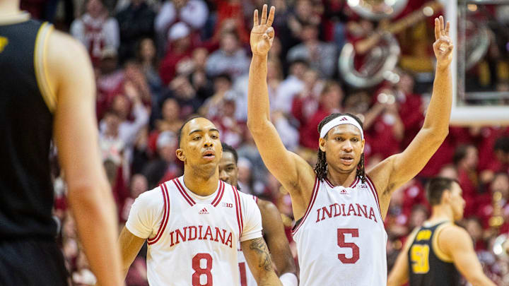 Indiana's Malik Reneau (5) celebrates a three-pointer during the Indiana versus Michigan mens basketball game at Simon Skjodt Assembly Hall on Saturday, Feb. 8, 2025.