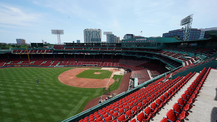 Jul 7, 2020; Boston, Massachusetts, United States; A general view of empty seats at Fenway Park during the Boston Red Sox Summer Camp. Mandatory Credit: David Butler II-Imagn Images