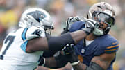 Green Bay Packers defensive end Micah Parsons (1) against the Carolina Panthers offensive tackle Yosh Nijman (77) on Sunday, November 2, 2025, at Lambeau Field in Green Bay, Wis. Carolina defeated Grewen Bay 16-13.
Wm. Glasheen USA TODAY NETWORK-Wisconsin