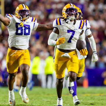 Harold Perkins Jr interception as LSU Tigers take on the Texas A&M Aggies. October 25, 2025; Baton Rouge, Louisiana, USA; at Tiger Stadium. Saturday, Oct. 25, 2025.
