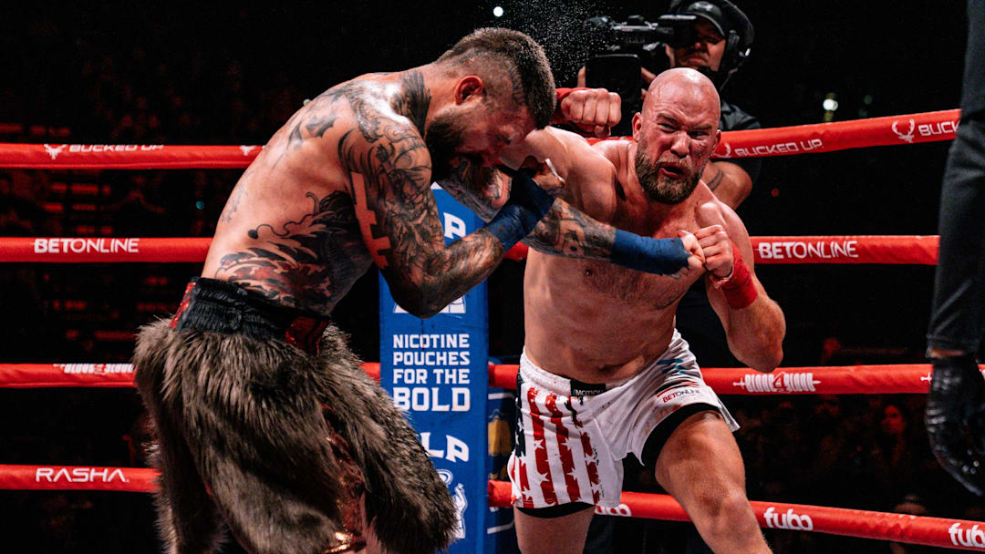 Cameron Delano (right) landing a punch on Alex Terrible (left) in the BKFC Blood 4 Blood main event.