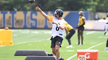 Jun 10, 2025; Pittsburgh, PA, USA;  Pittsburgh Steelers quarterback Aaron Rodgers (8) during minicamp at their South Side facility. Mandatory Credit: Philip G. Pavely-Imagn Images
