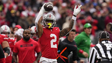 Ohio State Buckeyes wide receiver Emeka Egbuka (2) celebrates a first down catch during the second half of the NCAA football game against the Indiana Hoosiers at Ohio Stadium in Columbus on Saturday, Nov. 23, 2024. Ohio State won 38-15.