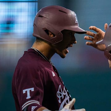 Texas A&M outfielder Braden Montgomery (6) celebrates a home run with his teammates in the first inning of the Longhorns' game against the Texas A&M Aggies at the UFCU Disch-Falk Field in Austin, Tuesday, March 5, 2024.