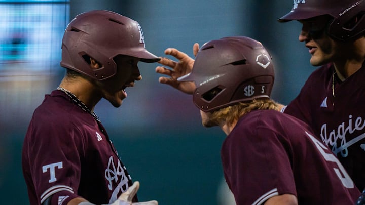 Texas A&M outfielder Braden Montgomery (6) celebrates a home run with his teammates in the first inning of the Longhorns' game against the Texas A&M Aggies at the UFCU Disch-Falk Field in Austin, Tuesday, March 5, 2024.