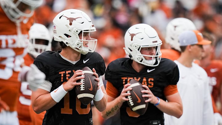 April 20, 2024; Austin, Texas, USA: Texas Longhorns quarterbacks Arch Manning (16), left, and Quinn Ewers (3) throw passes while warming up ahead of the Longhorns' spring Orange and White game at Darrell K Royal Texas Memorial Stadium. Mandatory Credit: Sara Diggins-Imagn Images via American Statesman April 20, 2024; Austin, Texas, USA: Texas Longhorns quarterbacks Arch Manning (16), left, and Quinn Ewers (3) throw passes while warming up ahead of the Longhorns' spring Orange and White game at Darrell K Royal Texas Memorial Stadium. Mandatory Credit: Sara Diggins-Imagn Images via American Statesman