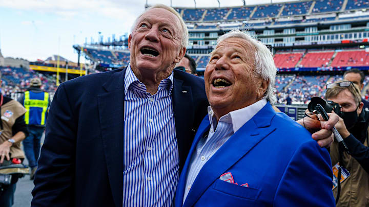 Oct 17, 2021; Foxborough, Massachusetts, USA; Dallas cowboys owner Jerry Jones and New England Patriots owner Robert Kraft meet before the start of the game at Gillette Stadium. Mandatory Credit: David Butler II-Imagn Images