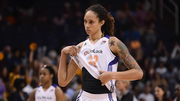 Sep 21, 2013; Phoenix, AZ, USA; Phoenix Mercury center Brittney Griner (42) walks off the court after the game against the Los Angeles Sparks during Game 2 of a WNBA basketball Western Conference semifinal series at US Airways Center. The Sparks defeated the Mercury 82-73. Mandatory Credit: Jennifer Stewart-Imagn Images Sep 21, 2013; Phoenix, AZ, USA; Phoenix Mercury center Brittney Griner (42) walks off the court after the game against the Los Angeles Sparks during Game 2 of a WNBA basketball Western Conference semifinal series at US Airways Center. The Sparks defeated the Mercury 82-73. Mandatory Credit: Jennifer Stewart-Imagn Images