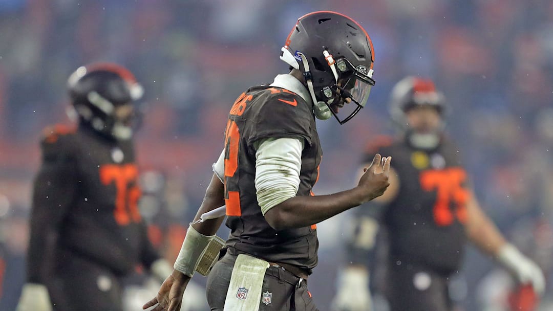 Cleveland Browns quarterback Shedeur Sanders (12) hangs his head as he comes off the field after failing on a two-point conversion attempt during the second half of an NFL football game at Huntington Bank Field, Dec. 7, 2025, in Cleveland, Ohio. Cleveland Browns quarterback Shedeur Sanders (12) hangs his head as he comes off the field after failing on a two-point conversion attempt during the second half of an NFL football game at Huntington Bank Field, Dec. 7, 2025, in Cleveland, Ohio.