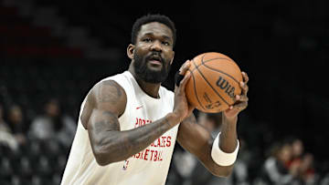 Feb 15, 2024; Portland, Oregon, USA; Portland Trail Blazers center Deandre Ayton (2) warms up before a game against the Minnesota Timberwolves at Moda Center. Mandatory Credit: Troy Wayrynen-Imagn Images