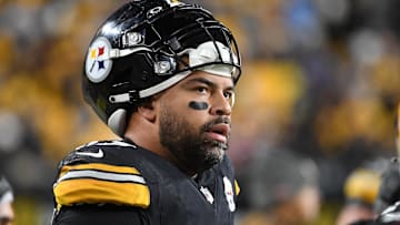 Nov 2, 2023; Pittsburgh, Pennsylvania, USA; Pittsburgh Steelers defensive end Cam Heyward watches the game against the Tennessee Titans during the second quarter at Acrisure Stadium. Mandatory Credit: Philip G. Pavely-Imagn Images