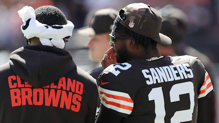 Cleveland Browns quarterback Shedeur Sanders (12) chats on the sideline during the second half of an NFL football game at Huntington Bank Field, Sept. 7, 2025, in Cleveland, Ohio. Cleveland Browns quarterback Shedeur Sanders (12) chats on the sideline during the second half of an NFL football game at Huntington Bank Field, Sept. 7, 2025, in Cleveland, Ohio.