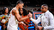 Texas Longhorns head coach Rodney Terry greets Texas Longhorns forward Jayson Kent (25) during senior night celebrations ahead of the Longhorns' game against the Sooners at the Moody Center in Austin, March 8, 2025.