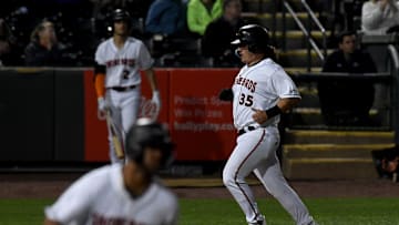 Shorebirds' Creed Willems (35) runs home against the Cannon Ballers Tuesday, April 11, 2023, at Perdue Stadium in Salisbury, Maryland. The Shorebirds defeated the Cannon Ballers 7-2.

Bbm Delmarva Shorebirds Kannapolis Cannon Ballers