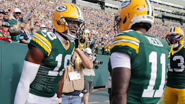 Green Bay Packers wide receiver Malik Heath (18) and Green Bay Packers wide receiver Jayden Reed (11) celebrate a touchdown against the Detroit Lions on Sunday, September 7, 2025, at Lambeau Field in Green Bay, Wis. The Packers defeated the Lions 27-13.
Wm. Glasheen USA TODAY NETWORK-Wisconsin